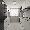 Modern Kitchen Interior With White Cabinets Black Appliances Grey Countertops And Window