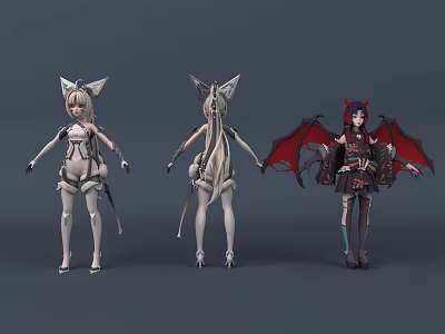 Anime Style Game Movie Characters with Cat Ears Long Hair Red Wings and Demon Horns 3d model