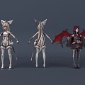 Anime Style Game Movie Characters with Cat Ears Long Hair Red Wings and Demon Horns