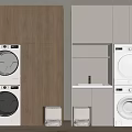 Stacked Washing Machines in Wooden and White Cabinets Modern Laundry Storage Design