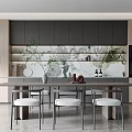 Modern Restaurant Open Kitchen Interior With Island Counter Dining Chairs And Plants