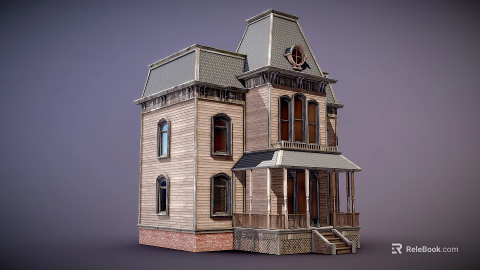 Two Story Detached House With Wooden Exterior Gray Roof And Front Porch Steps 3d model 