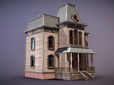 Two Story Detached House With Wooden Exterior Gray Roof And Front Porch Steps 3d model