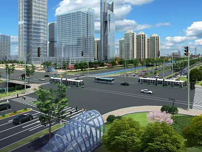 Urban Road Facilities Featuring Skyscrapers Buses Vehicles Traffic Lights Green Belts And Pedestrian Underpass 3d model