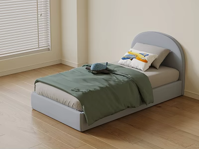 Light Blue Arched Headboard Kids Bed with Green Quilt and Colorful Pillow 3d model