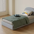 Light Blue Arched Headboard Kids Bed with Green Quilt and Colorful Pillow