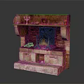 Traditional Stone Fireplace with Decorative Candlestick Ornaments on Mantel and Burning Fire