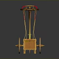 Ancient Decorative Carriage With Golden Frame Red Cushion And Large Wooden Wheels