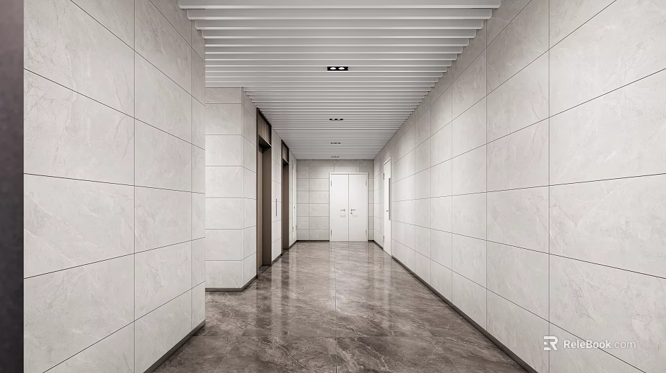 Elevator Hallway With White Tiled Walls Textured Floor And Slatted Ceiling Design 3d model