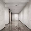 Elevator Hallway With White Tiled Walls Textured Floor And Slatted Ceiling Design 3d model