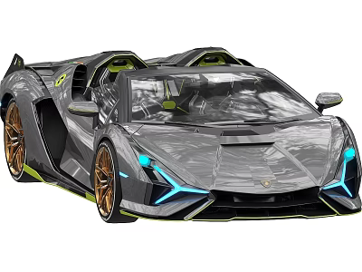 Lamborghini Futuristic Concept Car With Gray Body Blue Lights And Golden Wheels 3d model