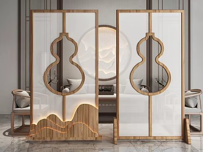 Chinese Style Wooden Room Divider With Gourd Shaped Hollow Design And Mountain Patterns 3d model