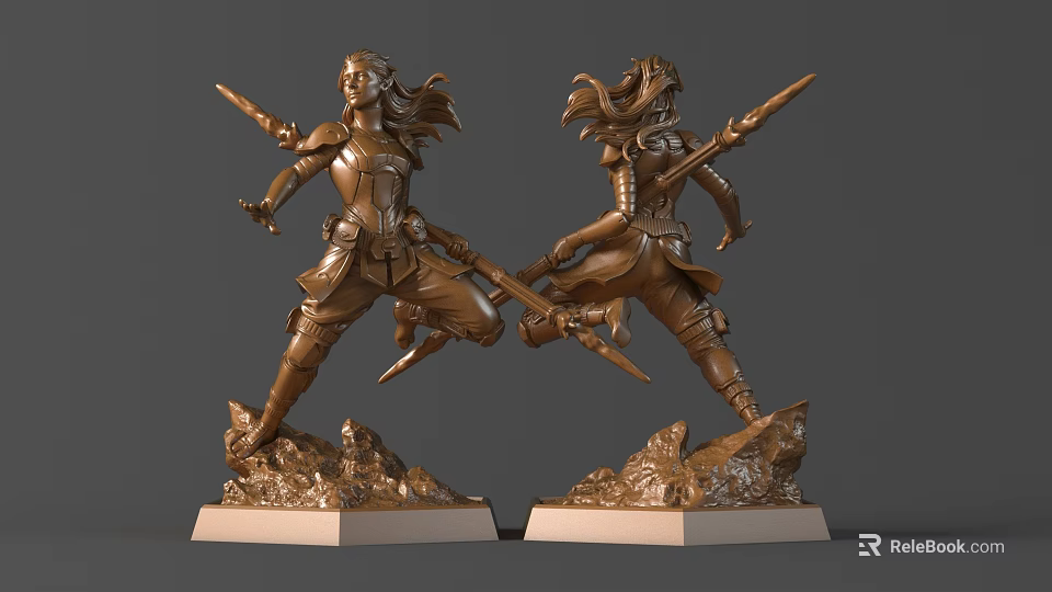 Dynamic Bronze Female Warrior Sculptures With Swords And Rock Base Design 3d model 