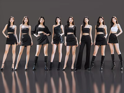 Women Posing in Stylish Outfits Against Gray Background With Reflective Floor 3d model