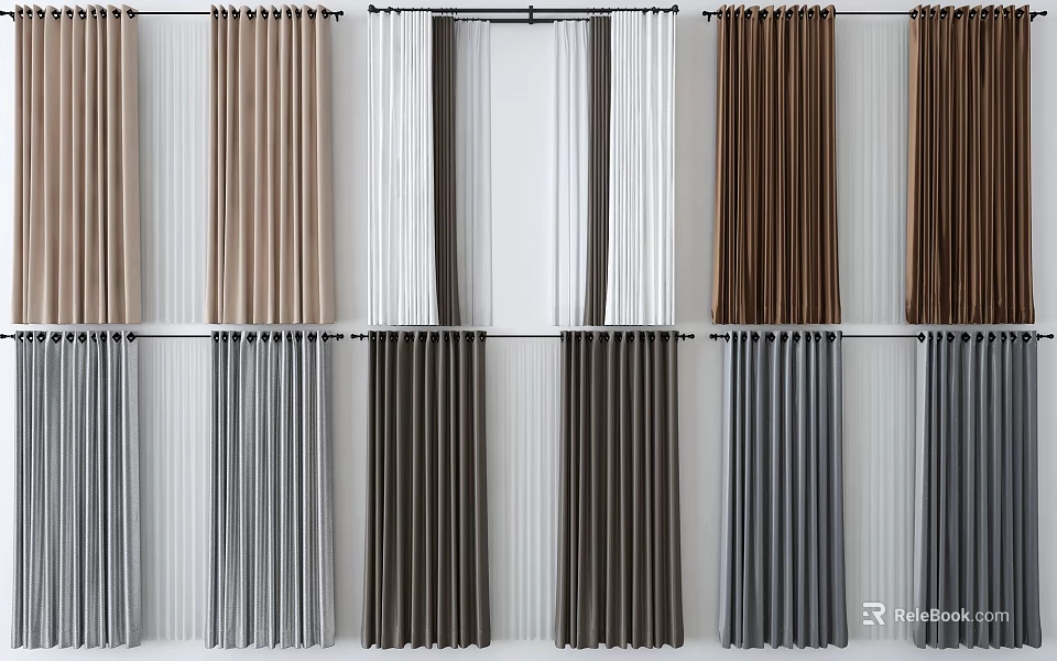 Various Colored Curtains Hanging in Different Styles for Home Decor 3d model 