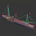 Classic Vintage Steamboat Model With American Flag Chimney And Tall Masts