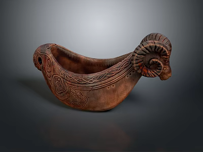 Wooden Ram Head Shaped Vessel With Carved Patterns For Daily Use 3d model