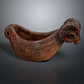 Wooden Ram Head Shaped Vessel With Carved Patterns For Daily Use