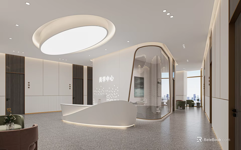 Modern Service Center Interior With Curved Reception Desk And Circular Ceiling Light 3d model 