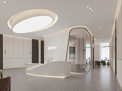 Modern Service Center Interior With Curved Reception Desk And Circular Ceiling Light 3d model
