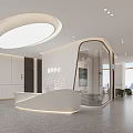 Modern Service Center Interior With Curved Reception Desk And Circular Ceiling Light