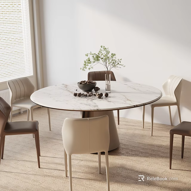Modern Round Marble Dining Table Set With Upholstered Chairs And Green Plant Decorative Bowl 3d model 