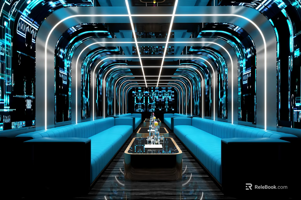 Modern KTV Interior With Curved Design Blue Lighting Sofas Long Table And Tech Inspired Vibe 3d model 
