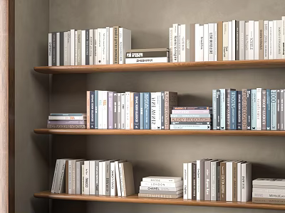 Wooden Bookshelf With Multiple Shelves Filled With Various Colored And Sized Books Against Gray Wall 3d model