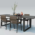 Modern Dark Wooden Dining Table Set With Chairs Vase And Decorative Items 3d model