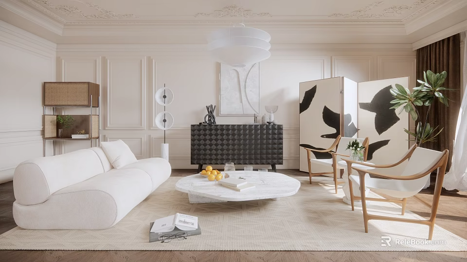Elegant Modern Living Room Interior With White Sofa Round Coffee Table And Black Cabinet 3d model 