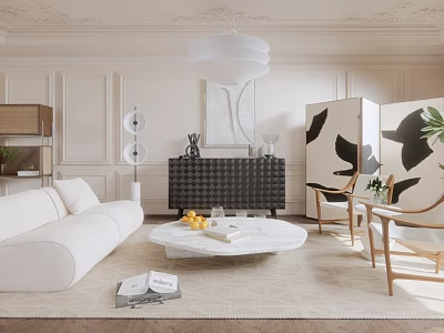 Elegant Modern Living Room Interior With White Sofa Round Coffee Table And Black Cabinet 3d model
