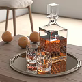 Wine Bottle and Glasses on Wooden Tray with Orange Liquid and Fruits on Table