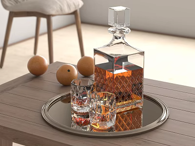 Wine Bottle and Glasses on Wooden Tray with Orange Liquid and Fruits on Table 3d model