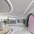 Modern Interior Space Design With Curved Structure Illuminated Lines Marble Floor And Green Plants