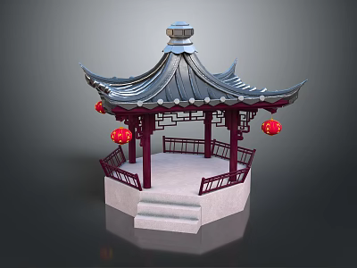 Cartoon Scene of Traditional Chinese Pavilion With Curved Roof Red Lanterns Red Railings White Base 3d model