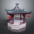 Cartoon Scene of Traditional Chinese Pavilion With Curved Roof Red Lanterns Red Railings White Base