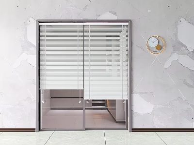 White Blinds on Sliding Glass Doors in Modern Interior with Gray Wall and Round Clock 3d model