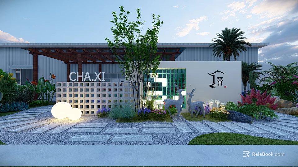 Tea Stream Garden Landscape with Pavilion Deer Sculptures Round Lights and Greenery 3d model 