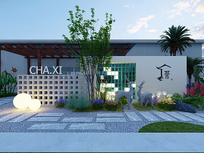 Tea Stream Garden Landscape with Pavilion Deer Sculptures Round Lights and Greenery 3d model