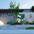 Tea Stream Garden Landscape with Pavilion Deer Sculptures Round Lights and Greenery