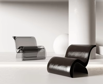 Curved Transparent Acrylic And Brown Leather Lounge Chairs In Minimalist Modern Interior 3d model