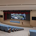 Modern Conference Room With Tiered Blue Seats Stage Red Curtain Curved Ceiling And Wooden Walls