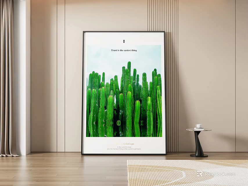 Green Cactus Plant Painting In Black Frame Hanging On Light Colored Wall 3d model 