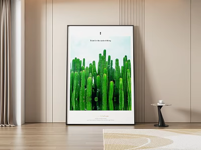 Green Cactus Plant Painting In Black Frame Hanging On Light Colored Wall 3d model