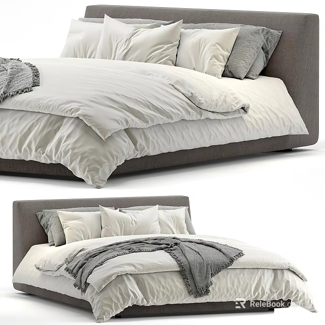Modern Elegant Double Bed Design With Soft White Bedding And Gray Throw Blanket 3d model 