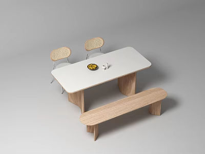 Modern Light Wooden Dining Table Set With White Top Two Chairs And Bench 3d model