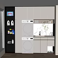 Modern Home Balcony Laundry Space With White Cabinets Washing Machine Dryer Cleaning Supplies And Plant