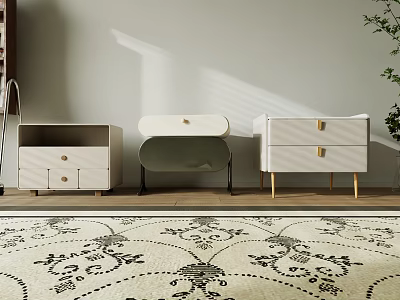 Modern Bedside Tables With Drawers And Metal Legs In Bright Room Interior With Carpet 3d model