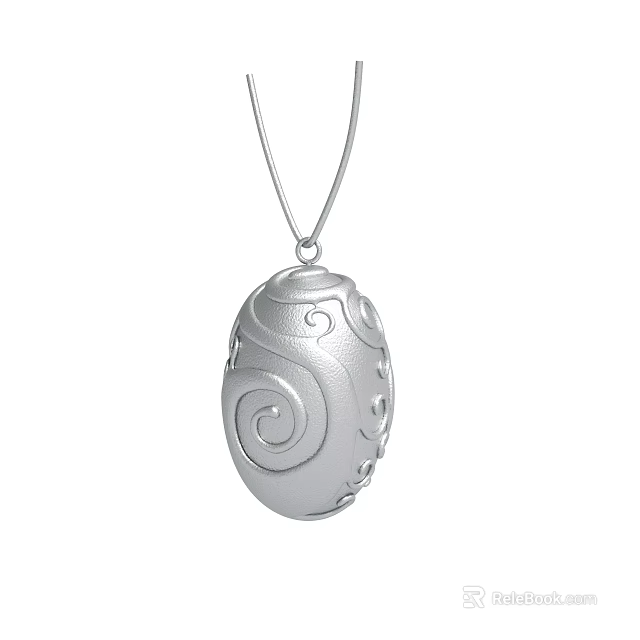 Elegant Silver Oval Pendant With Intricate Spiral Patterns And Chain Necklace 3d model 
