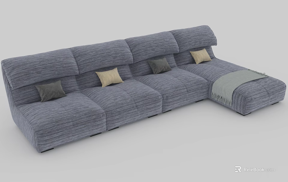 Modern Gray Sectional Sofa with Multiple Cushions and Throw Blanket 3d model